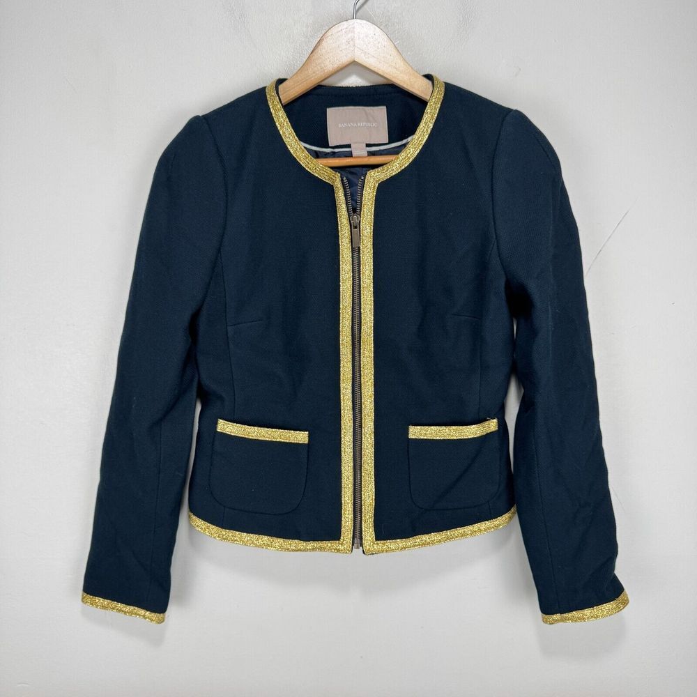 Banana Republic Shirt Jacket Shacket Women Size 2 Navy Blue Gold Trim Full Zip